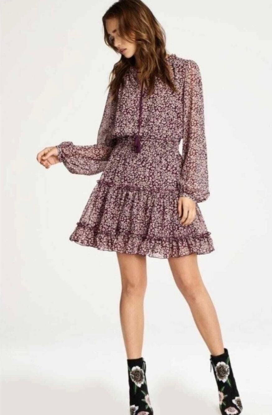 Rebecca Minkoff Rosemary Ruffle Dress Purple Animal Print Women's Medium